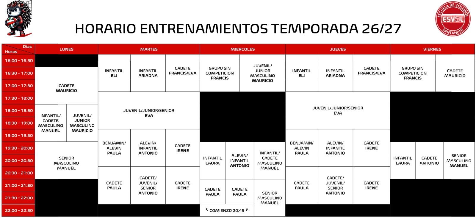 Tabla de horarios de entrenamientos ESVOL Santander temporada 2026/2027